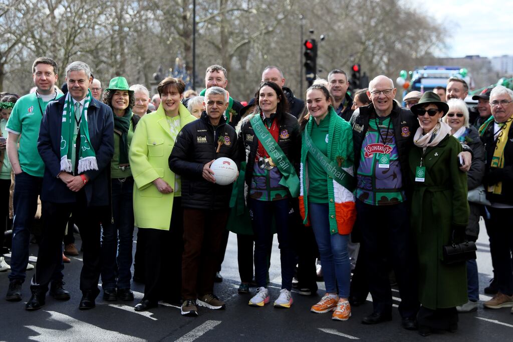 Mayor of London Sadiq Khan poses with London St Patrick's Day parade grand marshals Katie-George Dunlevy and Kellie Harrington, as well as Minister for Children, Disability and Equality Norma Foley and Irish Ambassador to Britain Martin Fraser. Photograph: Alishia Abodunde/Getty Images