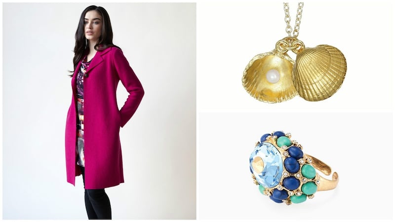 Felted wool coat (€195) from Sheila Considine, Cabinteely, Co Dublin; freshwater pearl encased in a gold locket cast from a seashell, by Chupi Sweetman (€179); and Tesserae ring (€45 from stelladot.eu)