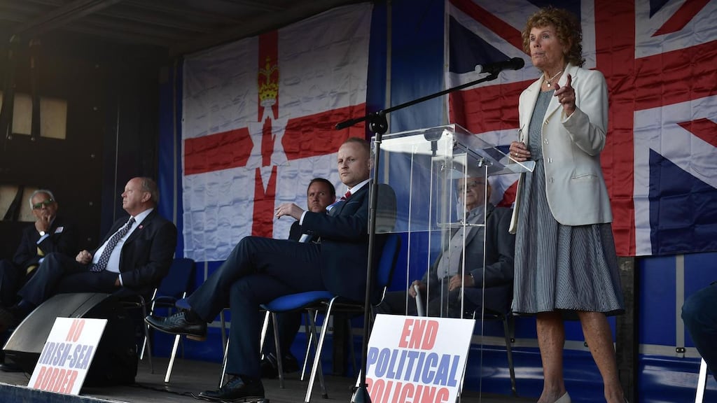 Former Labour MP and government minister Baroness Kate Hoey addressing an anti-Northern Ireland protocol  rally on June 18th, 2021, in Newtownards, Co Down. Photograph: Charles McQuillan/Getty Images