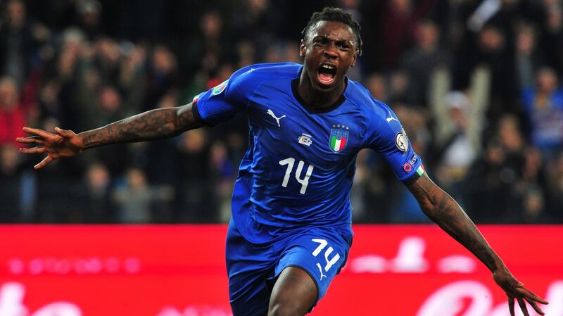 Italy’s Moise Kean celebrates scoring their second goal in the Euro 2020 qualifier against Finland at Stadio Friuli in Udine. Photograph: Jennifer Lorenzini/Reuters