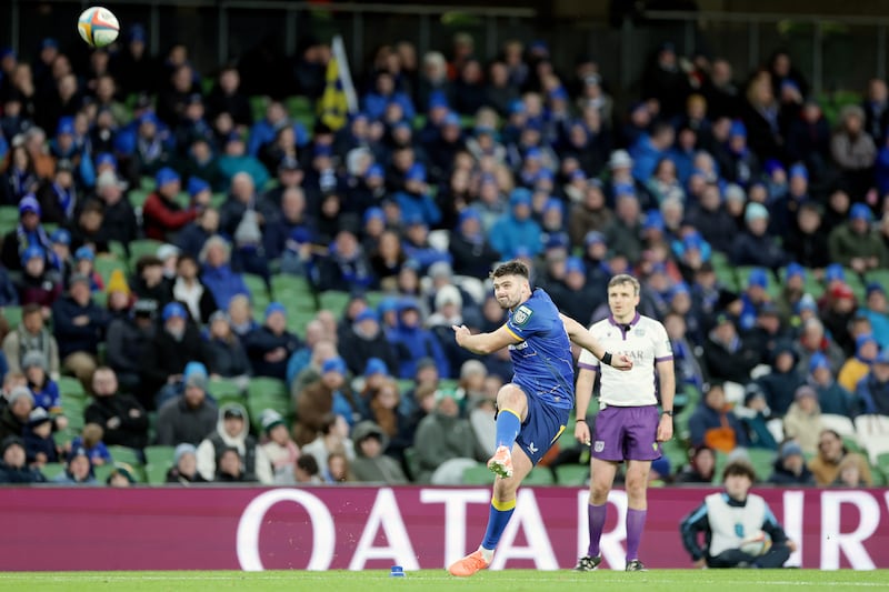 Leinster's Harry Byrne kicks a conversion against Zebre Parma at the Aviva on October 25th. Photograph: Laszlo Geczo/Inpho