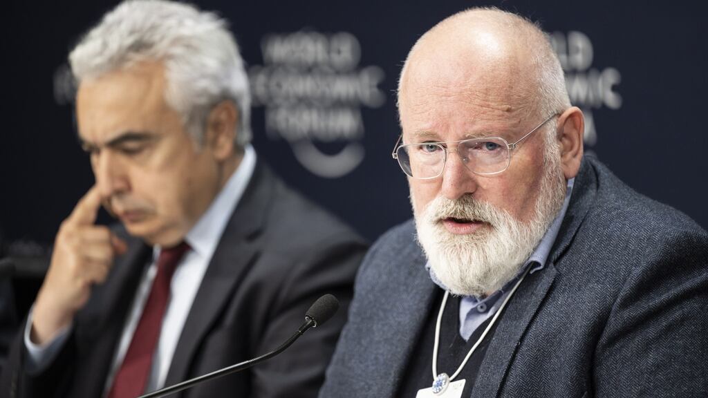 European Commission executive vice-president for the European Green Deal Frans Timmermans (right) with International Energy Agency executive director Fatih Birol at the World Economic Forum in Davos, Switzerland. Photograph: Laurent Gillieron/EPA