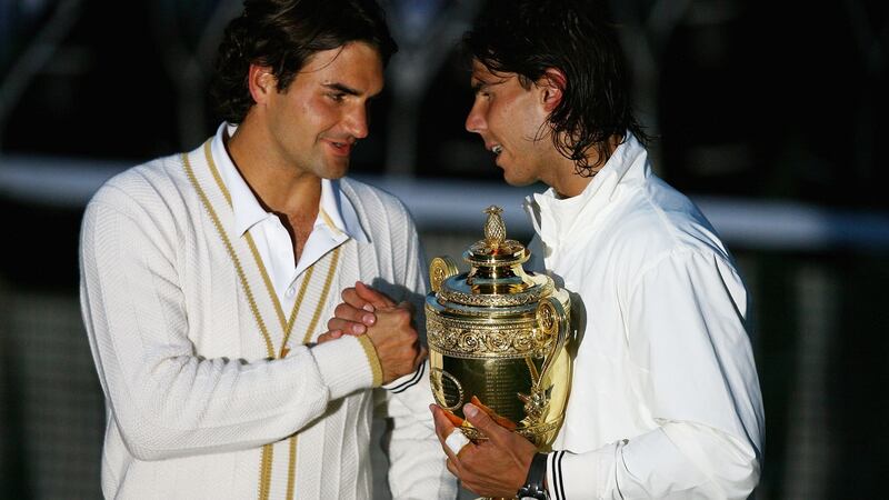 Roger Federer congratulates Rafael Nadal after the Spaniard’s Wimbledon victory in 2008. Photograph: Inpho