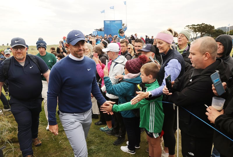 Rory McIlroy greets fans during his second round at Royal County Down. Photograph: Liam McBurney/PA Wire