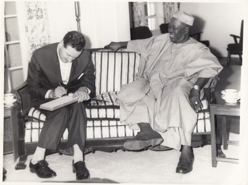 Ireland’s first resident diplomatic mission in Africa was to Nigeria, with an Irish embassy opening in Lagos in 1960. Here, Irish ambassador Eamonn Kennedy pays an official call on Sir Adesoji Aderemi, governor of Nigeria’s Western Region, January 17th, 1962. (National Archives of Ireland).