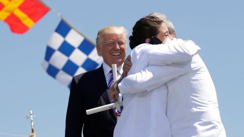 Presidential appearance: Donald Trump at the US Coast Guard Academy commencement ceremony in Connecticut on Wednesday. Photograph: Kevin Lamarque/Reuters