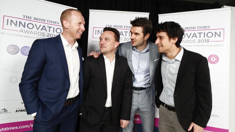 Martin Woods, developer engineer; Danny Curran, director of growth; Niall Dennehy, co-founder; and Nicola Paoli, blockchain developer, all from AID:Tech, at the Irish Times Innovation Awards 2018. Photograph: Conor McCabe