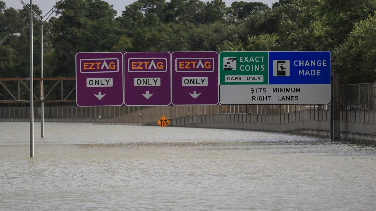 The Sam Houston Tollway sits under 4.88 metres of water from flooding near the Buffalo Bayou in the aftermath of Hurricane Harvey in Houston, Texas. Photograph: Tannen Maury/EPA