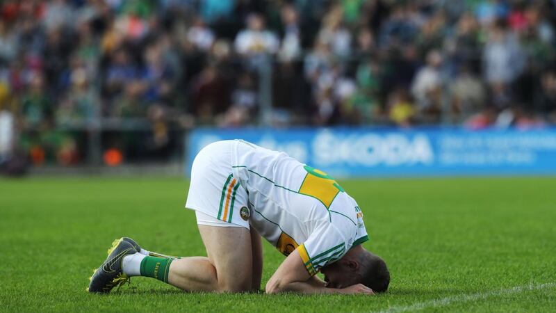 Offaly’s Johnny Moloney at the final whistle. Photograph: Lorraine O’Sullivan/Inpho