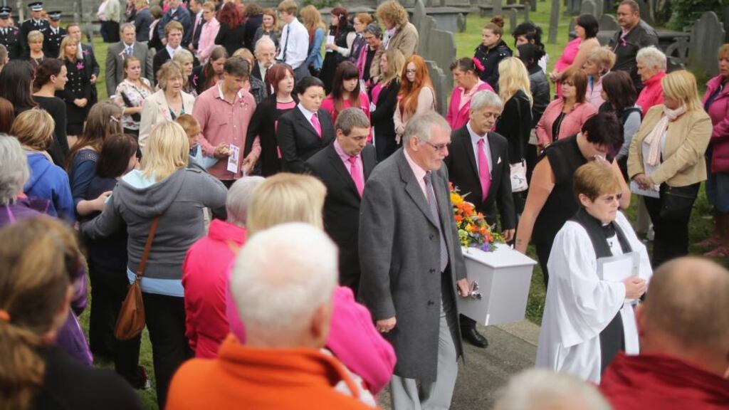The coffin and funeral cortege of murdered schoolgirl April Jones leaves St Peter’s Church after her funeral service on September 26, 2013 in Machynlleth, Wales. Photograph: Christopher Furlong/Getty Images