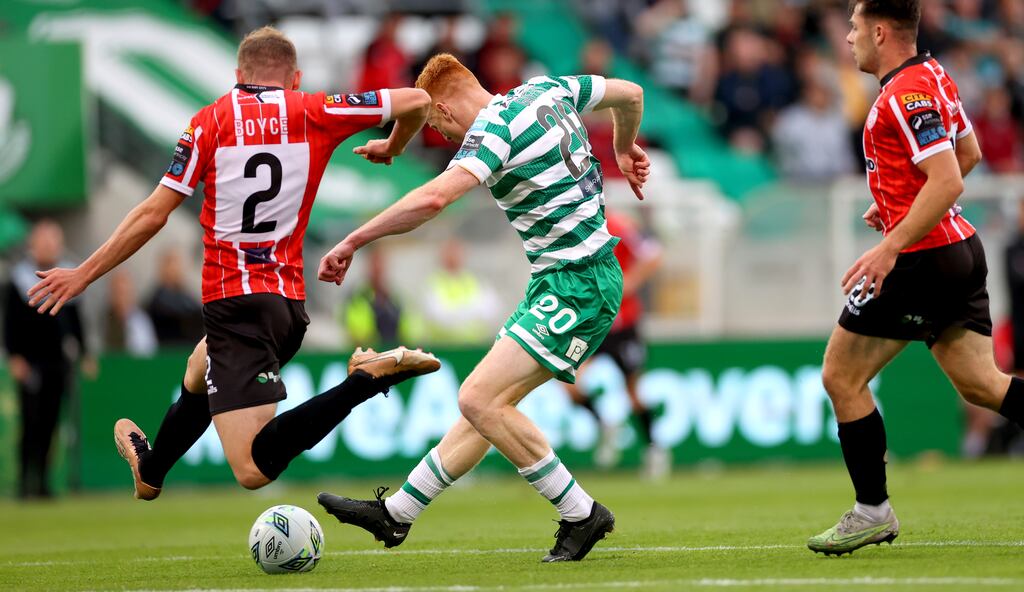 Shamrock Rovers’ Rory Gaffney scores against Derry City on Monday night. Photograph: James Crombie/Inpho
