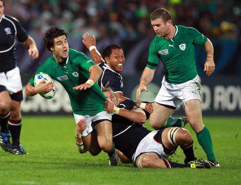 Ireland's Conor Murray tackled by Todd Clever of USA during the 2011 Rugby World Cup game in New Plymouth. Photograph: Dan Sheridan/Inpho