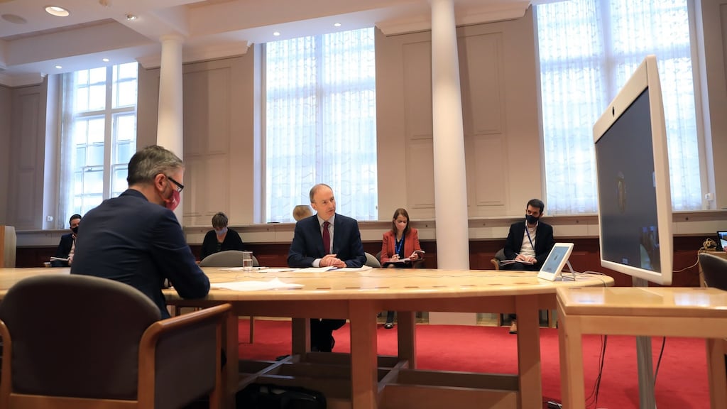 Taoiseach Micheál Martin, Minister for Children Roderic O’Gorman and Minister of State at the Department of Children Anne Rabbitte hosted a webinar with mother and baby home survivors. Photograph: Julien Behal