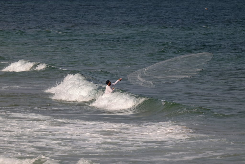 A man throws a fishing net in the Mediterranean Sea in Gaza city. In 2020, the UN Food and Agriculture Organisation reported that 75 per cent of commercial fish species were overexploited in the Mediterranean Sea. Photograph: Mohammed Abed/AFP/Getty Images