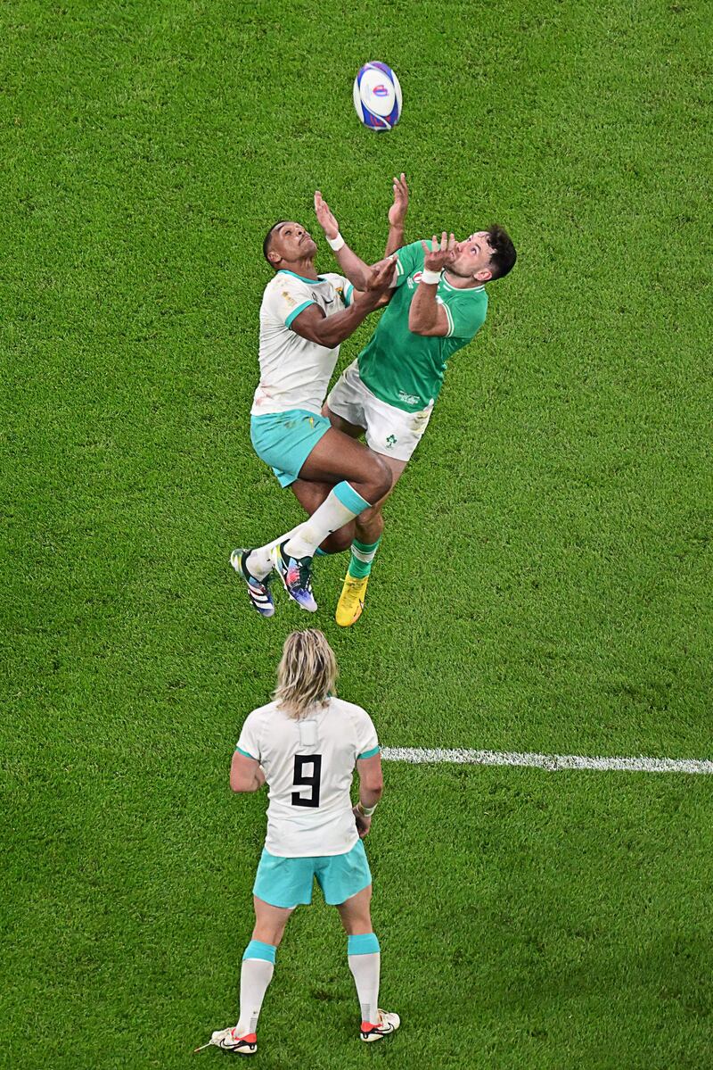 Ireland's Hugo Keenan contests for the ball with his South African counterpart Damian Willemse. Photograph: Miguel Medina/AFP via Getty Images
