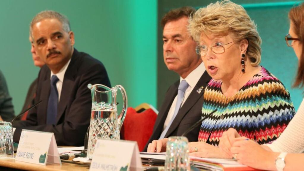EU justice commissioner Viviane Reding, with Minister for Justice Alan Shatter and US attorney general Eric Holder in Dublin. Ms Reding said: “The Europeans won’t let this go. They want to know clearly what has really been going on.” Photograph: Department of The Taoiseach via Getty Images