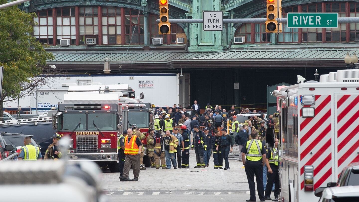 First responders are on the scene at New Jersey Transit’s rail station in Hoboken, New Jersey. Photograph: Bryan R Smith/AFP/Getty Images