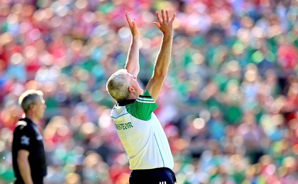 Limerick manager John Kiely celebrates at the final whistle after his side's win over Cork in last year's Munster hurling championship. Photograph: Ryan Byrne/Inpho