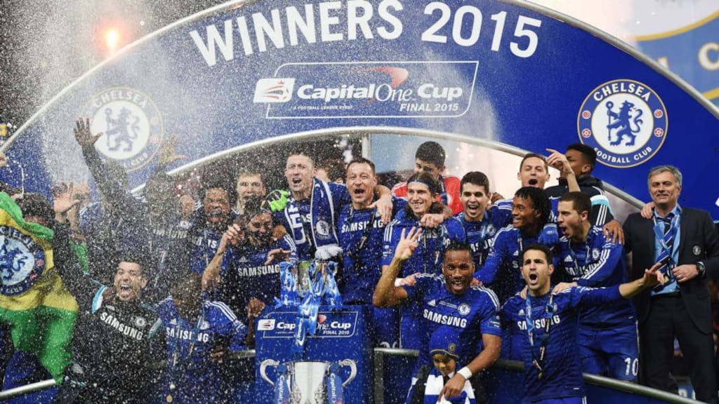 Chelsea beat Spurs 2-0 at Wembley to lift the League Cup. Photograph: EPA