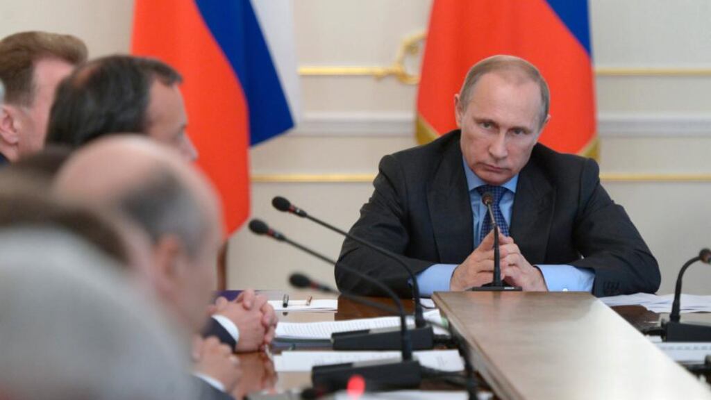 Russian president Vladimir Putin chairs a government meeting at the Novo-Ogaryovo state residence outside Moscow yesterday. Photograph: Reuters/Alexei Nikolskyi/RIA Novosti/Kremlin