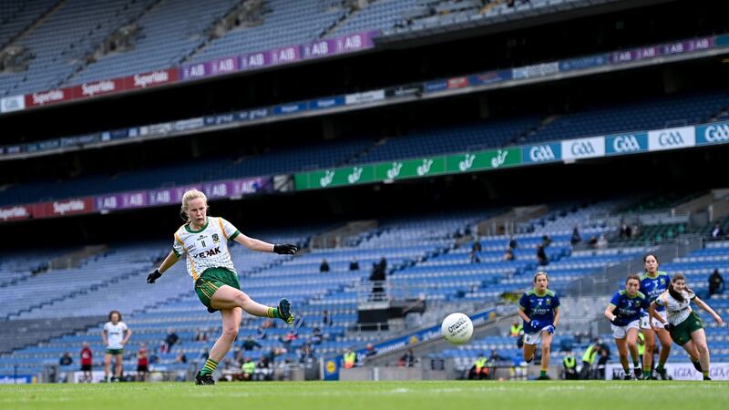 Stacey Grimes scores Meath’s second goal from the penalty spot during the final against Kerry at Croke Park. Photograph: Ramsey Cardy/Sportsfile