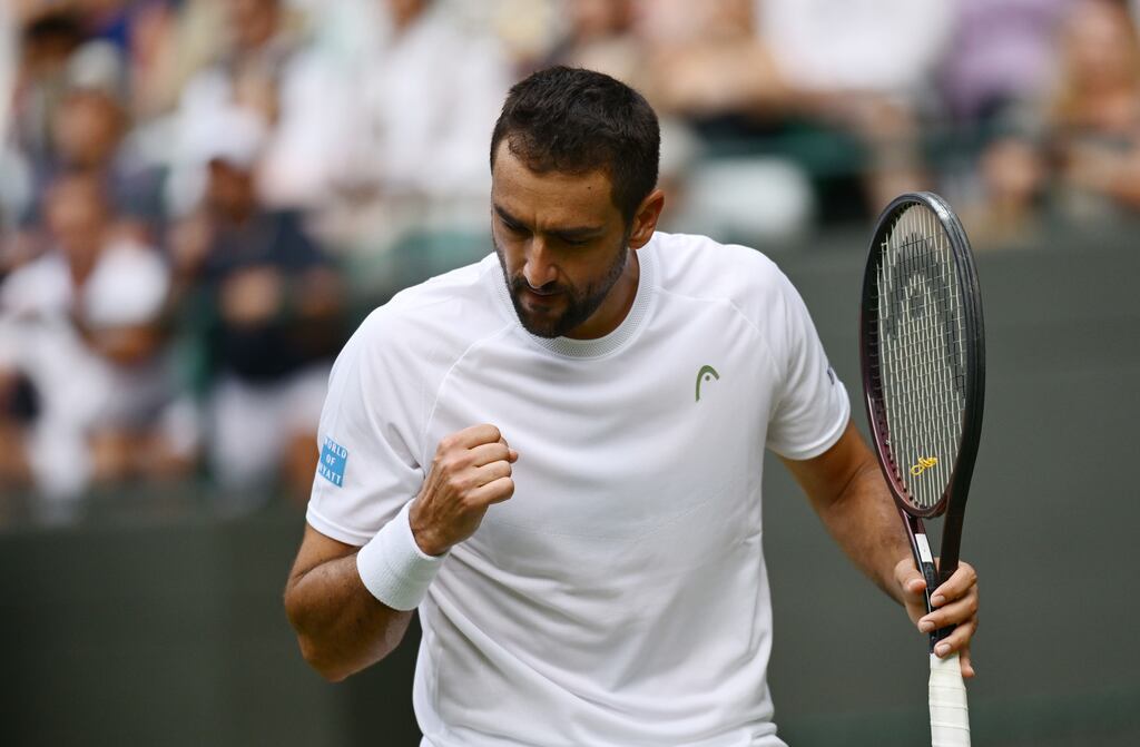 LONDON, ENGLAND - JULY 03: Marin Cilic of Croatia celebrates against Jack Draper of Great Britain during the Gentlemen's Singles second round match on day four of The Championships Wimbledon 2025 at All England Lawn Tennis and Croquet Club on July 03, 2025 in London, England. (Photo by Hannah Peters/Getty Images)