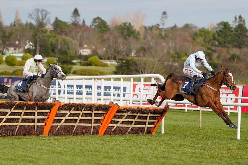 Danny Mullins riding Gala Marceau clear the last to win The Donohue Marquees Spring Juvenile Hurdle from Lossiemouth at Leopardstown. Photograph: Alan Crowhurst/Getty Images