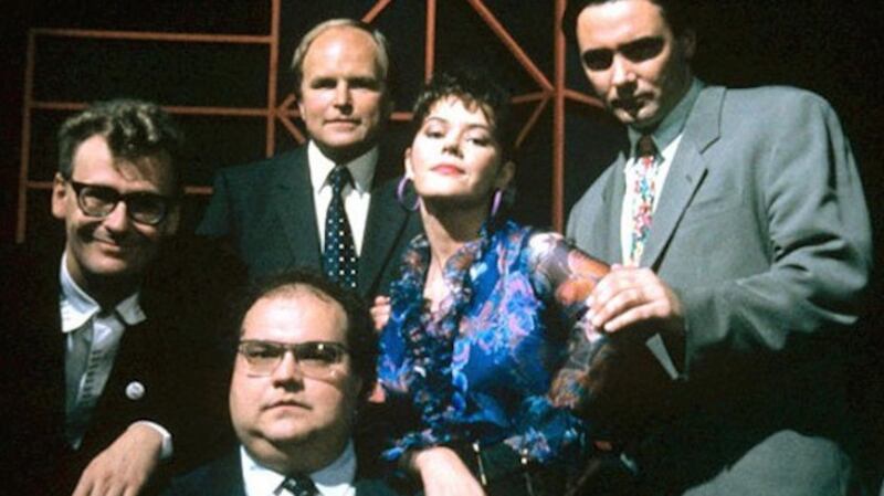 Tony Slattery (far right) with Whose Line Is It Anyway co-stars Mike McShane, Greg Proops, host Clive Anderson and Josie Lawerence. Photograph: Channel 4