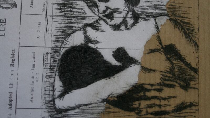 A mother and baby superimposed on a birth certificate with the harp emblem and the word “Ireland”