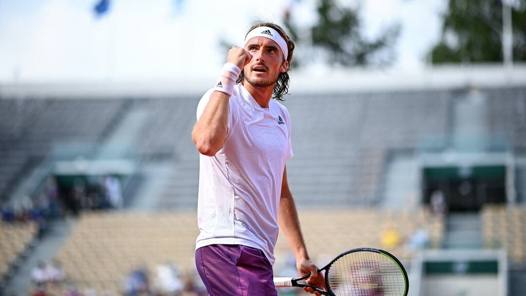 Greece’s Stefanos Tsitsipas celebrates during his win over Pedro Martinez. Photograph: Christophe Archambault/Getty/AFP