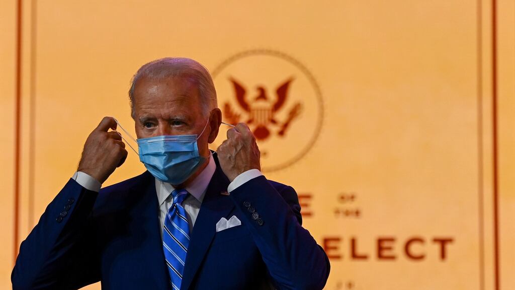 US president-elect Joe Biden arrives to deliver a Thanksgiving address at the Queen Theatre in Wilmington, Delaware. Photograph: Chandan Khanna/AFP via Getty