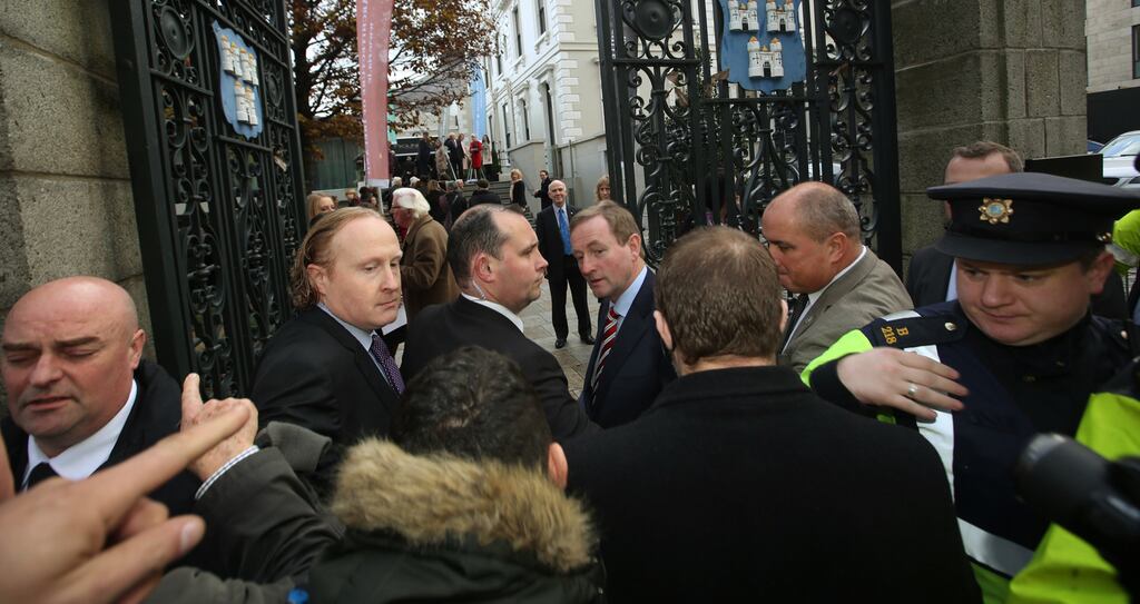 Water protesters confront Taoiseach Enda Kenny as he enters the Mansion House in Dublin. Photograph: Sam boal/Photocall Ireland