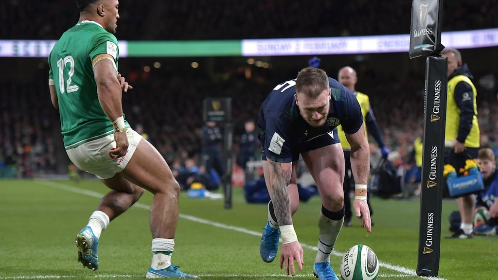 Scotland’s Stuart Hogg drops the ball over the line resulting in no try during the 2020 Six Nations match at the Aviva Stadium. Photograph: Charles McQuillan/Getty Images