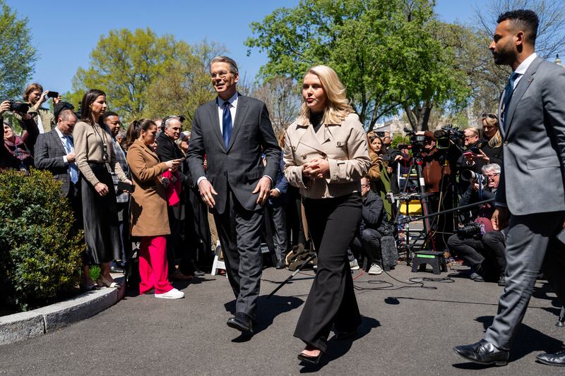 Secretary of the teasury Scott Bessent and White House press secretary Karoline Leavitt after speaking to reporters about President Donald Trump’s decision to pause his reciprocal tariffs for most countries for the next 90 days. Photograph: Eric Lee/The New York Times