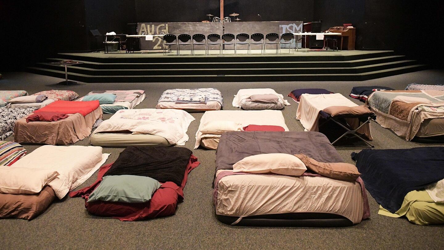 Beds laid out at a shelter for volunteer rescue workers set up at the Fairfield Baptist Church student building in Cypress, Texas. Photograph: Mandel Ngan/AFP/Getty Images.