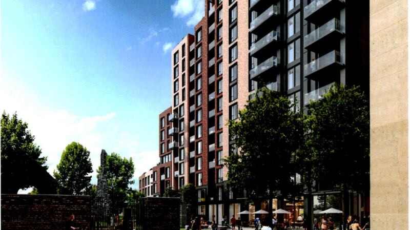 Computer-generated image of the proposed “Build-to-Rent” apartments, most of which will not have balconies. CREDIT: HJL Architects