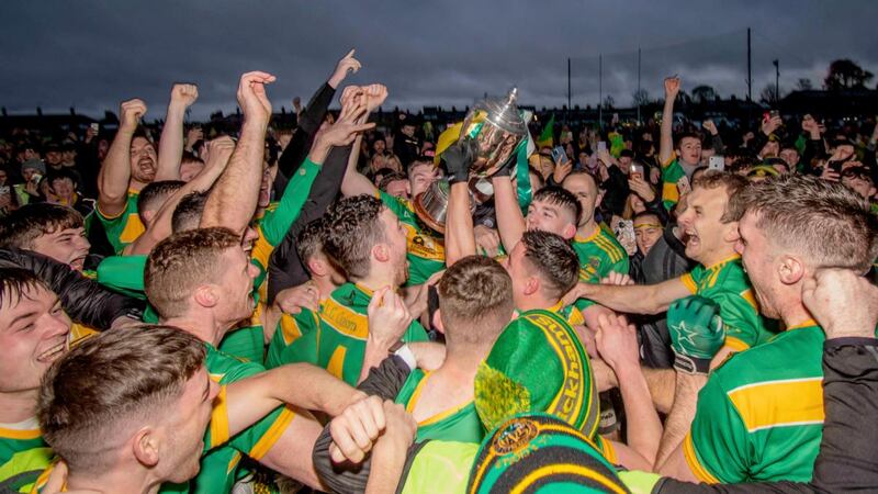 Kickhams Creggan celebrate becoming Antrim senior champions at Corrigan Park in Belfast. Photograph:
Cathal McOscar/Inpho