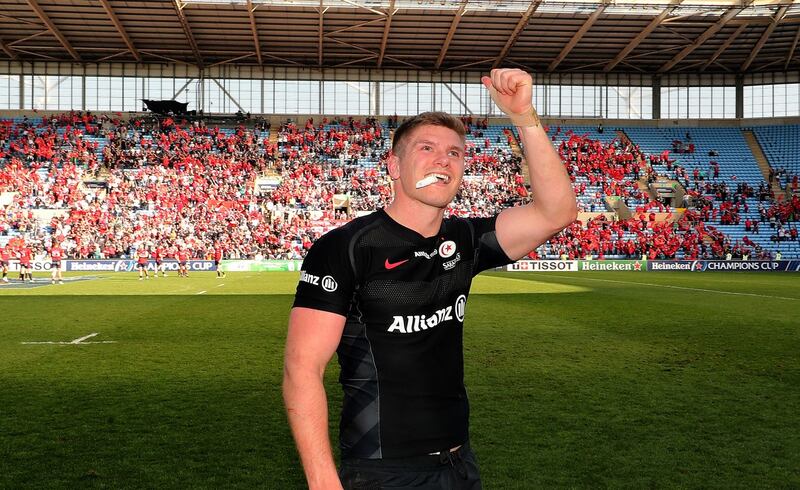 Owen Farrell celebrates after Saracens beat Munster in the Champions Cup semi-finals in Coventry. Photograph: Billy Stickland/Inpho