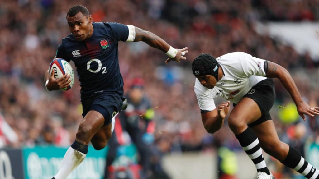 England winger Semesa Rokoduguni runs in to score their third try against Fiji at Twickenham. Photograph: Adrian Dennis/AFP/Getty Images