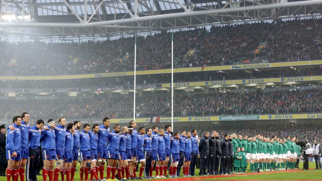 The France and Ireland teams await for the national anthems at the Aviva stadium. Photograph: Morgan Treacy/Inpho.