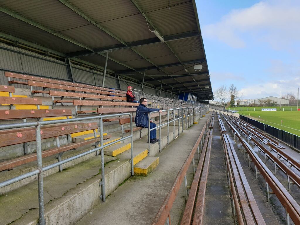 Paul McIntyre (blue jacket), Simon Doherty (red cap) in the stand at Fraher Field before Derry's Division 4 win over Waterford in 2019. Photograph: Joe Clarke