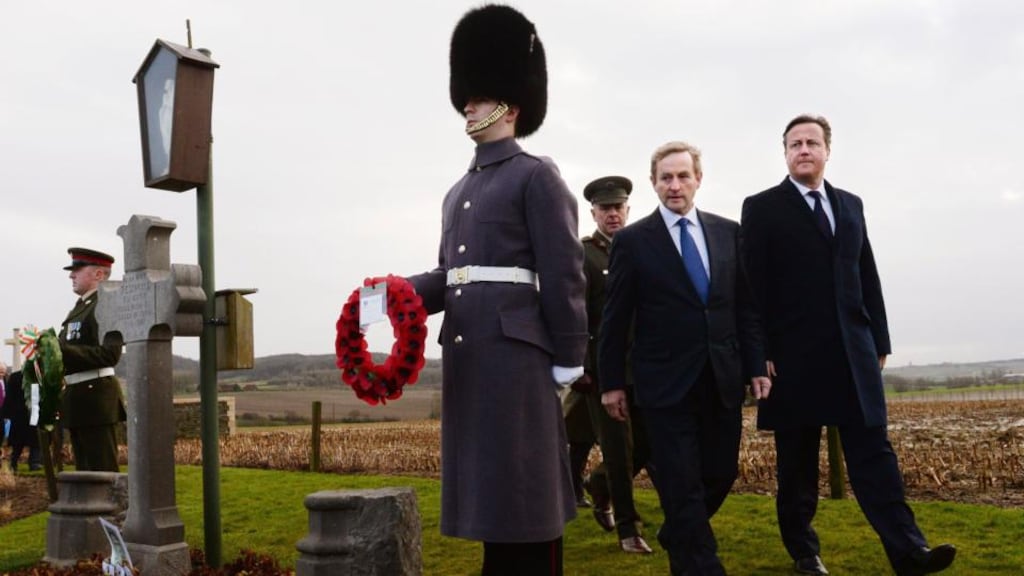 Taoiseach Enda Kenny and British prime minister David Cameron visiting the grave of Irish MP Willie Redmond who died in the first World War. Photograph: PA Wire