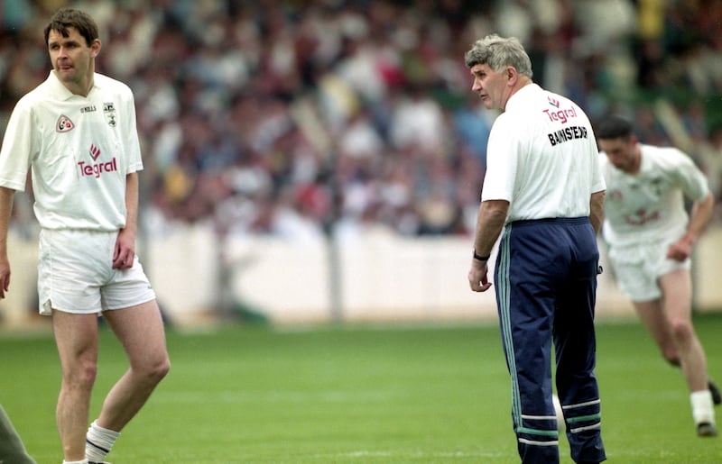 Kildare manager Mick O'Dwyer and his son Karl ahead of a Leinster SFC game in 1998. Photograph: James Meehan/Inpho