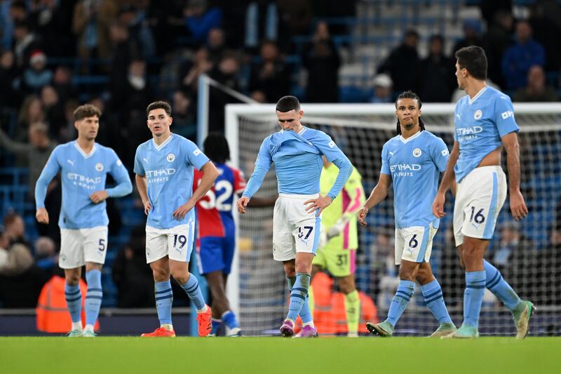 Manchester City's unhappy Phil Foden and team-mates after the Premier League game against Crystal Palace at the Etihad Stadium last December. Photograph: Shaun Botterill/Getty Images