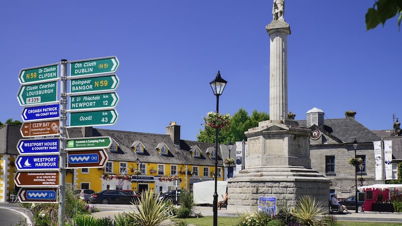 The Octagon with its column and the statue of St Patrick at the centre of Westport, Co Mayo. Photograph: Eye Ubiquitous/UIG via Getty