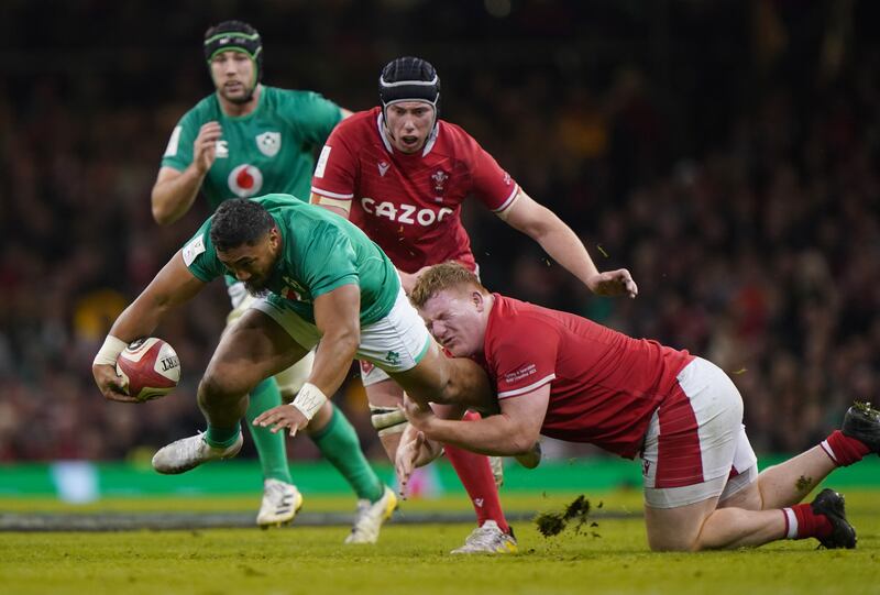 Face-off: Was Bundee Aki's 20 minutes against Wales better than Stuart McCloskey's 60? That is one of the questions that Andy Farrell will consider before naming Ireland's starting team against France. Photograph: Joe Giddens/PA