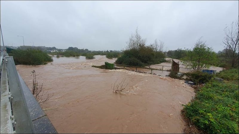 Floodwaters around the access bridge over the Owenacurra river near Midleton during flooding on October 18th. Photograph: Barry Roche