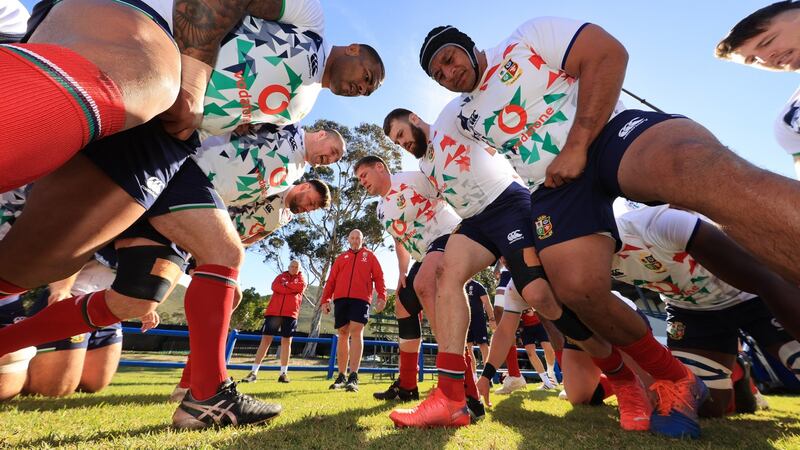 Kyle Sinckler, Ken Owens, Rory Sutherland, Tadhg Furlong, Luke Cowan-Dickie and Mako Vunipola practice scrummaging ahead of the final Test against the Springboks. Photograph: Billy Stickland/Inpho