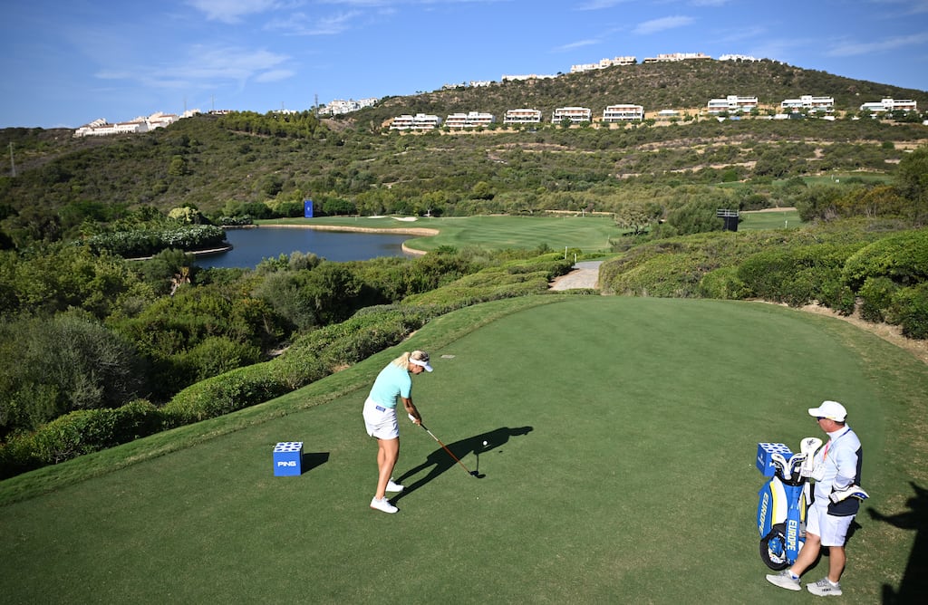 Anna Nordqvist of Team Europe plays a shot from the first tee during practice prior to the The Solheim Cup at Finca Cortesin. Photograph: Stuart Franklin/Getty