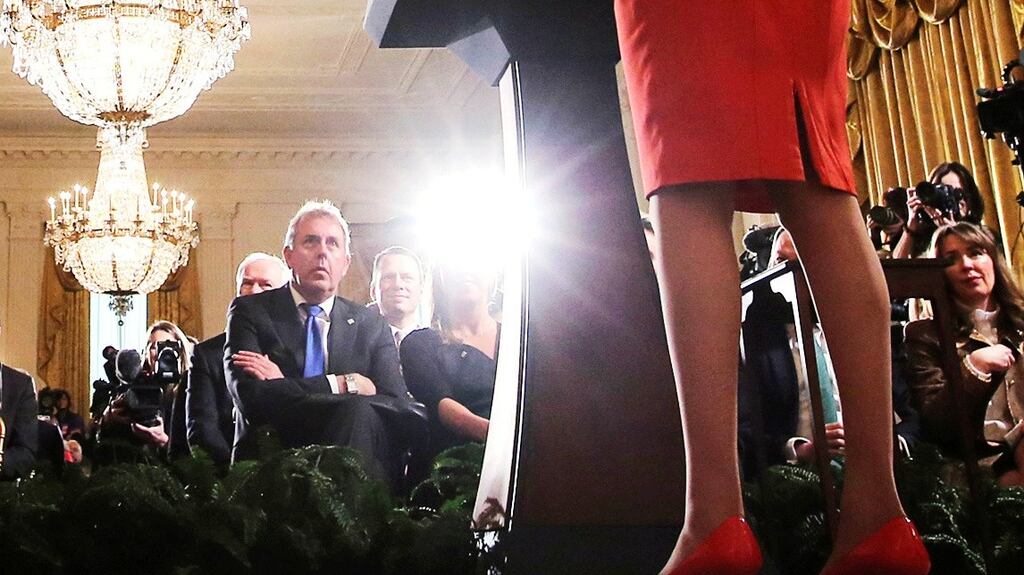 Britain’s former ambassador to the US Kim Darroch listens to Donald Trump and Theresa May  at the White House. Being candid in the line of duty can be a dangerous occupation for an ambassador. File photograph: Carlos Barria/Reuters